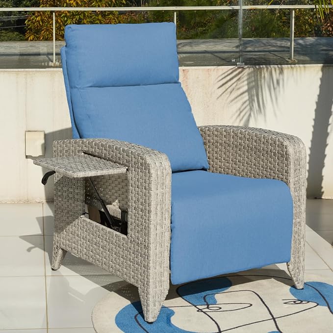 Upgraded Outdoor Recliner Chair, Reclining Patio Chairs with Adjustable Back up to 150°Lay Flat and Extended Footrest, Wicker Recliner Chairs with Flip Table and Removable Olefin Cushion
