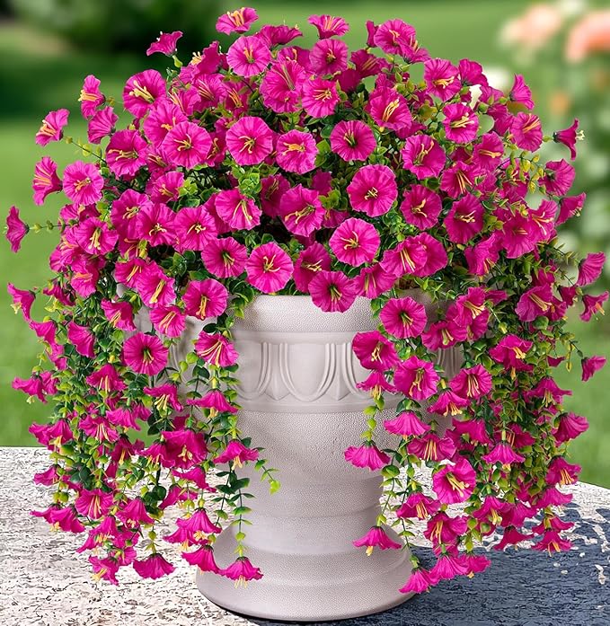 Artificial Faux Hanging Flowers Plant for Outdoor Decor,2 PCS Fake Silk Morning Glory with Eucalyptus UV Resistant Realistic Trailing Vine for Wall Home Porch Patio Balcony Yard Indoor Decor, Fuchsia