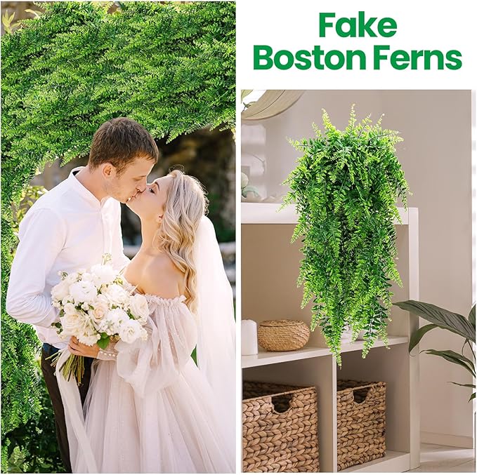 Geosar 36 Pcs Artificial Hanging Plants 32 Inch Hanging Boston Ferns Plastic Fake Plants for Wall Room Garden Wedding Garland Indoor Outdoor Decoration, No Basket