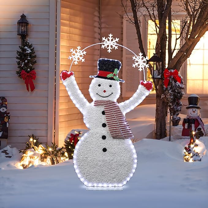 LuxenHome 5FT Lighted Snowman Outdoor Christmas Decorations, 2D Light Up Snowman Christmas Decor with 70 LED Light & Snowflake Arch, Xmas Decorations Outdoor, Indoor for Porch, Lawn Holiday Display