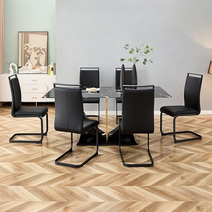 71" Dining Table Set for 6, Black Faux Marble Dining Room Table Set for 6, Large Rectangular Kitchen Table Set and PU Leather Chairs,Glossy Tempered Glass Dinner Table with Black Leg