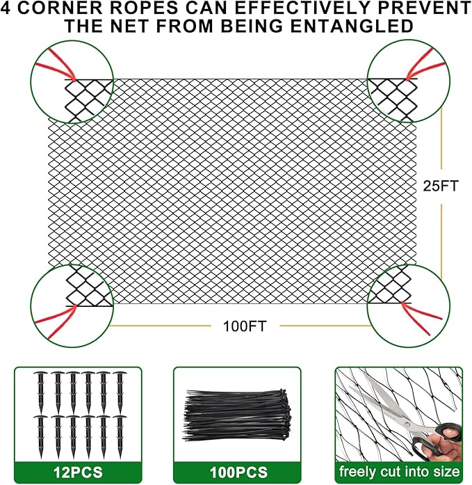Bird Netting 25'x100' with 3/4" Mesh Nylon Chicken Net Roof Hawk,Poultry Netting for Chicken Run, Aviary Nettings Deer Fence Trellis Net