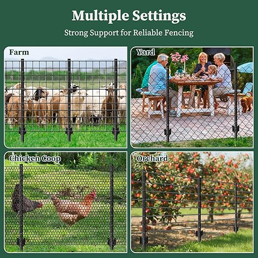 10 Pack Metal Fence Posts, 4ft Heavy Duty U-Post, Black Garden Stakes, No-Dig Post Anchors for Wire Fences, Temporary Fencing, Electric Fence, and Corner Support