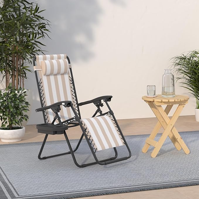 Best Choice Products Set of 2 Adjustable Steel Mesh Zero Gravity Lounge Chair Recliners w/Pillows and Cup Holder Trays - Tan Striped