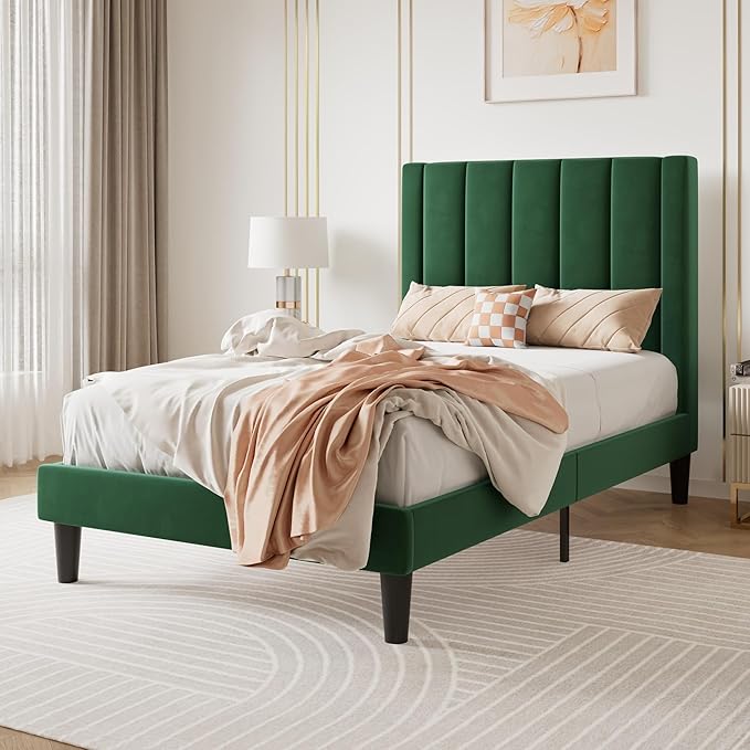 SHA CERLIN Twin Bed Frame/Velvet Upholstered Platform Bed Frame with Headboard/Strong Wood Slats Support/Mattress Foundation/No Box Spring Needed - Green