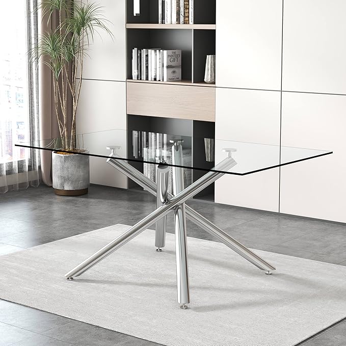 Modern Glass Dining Table for 6-8,Rectangular Glass Kitchen Table with Tempered Glass Tabletop and Silver Chrome Metal Legs for Kitchen Dining Room (Silver)