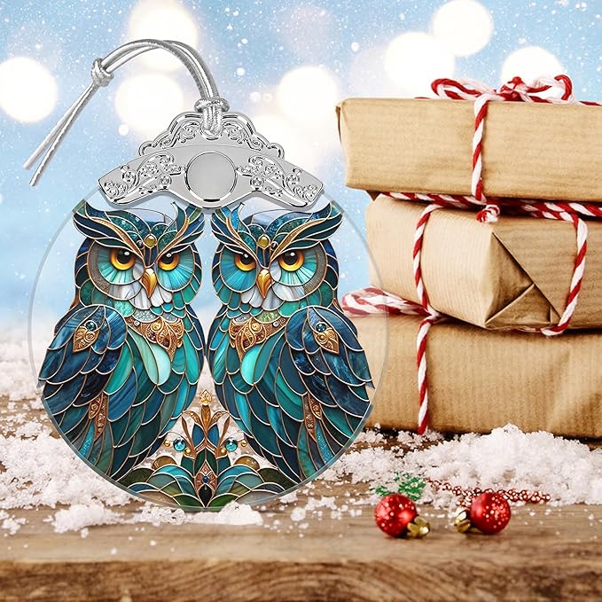 Stained Glass Owl Christmas Ornament - Two Owls, Holiday Decoration for Tree, Gift Idea
