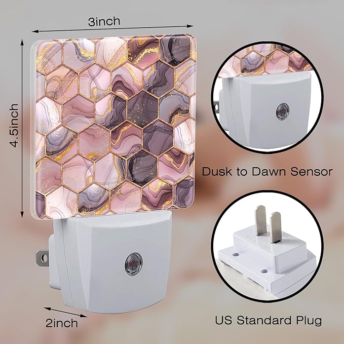 Pink Golden Ink Hexagon Night Light, Abstract Fluid Marble Dusk to Dawn Night Light Plug in,0.5w Energy Saving Sleep Friendly NightLight for Kids Boys Girls Home Decor