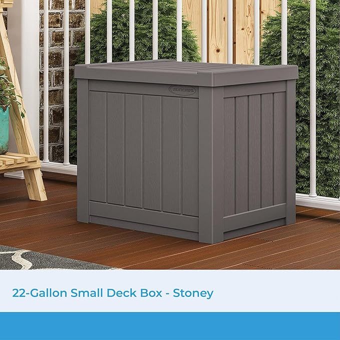 Suncast 22-Gallon Small Deck Box - Lightweight Resin Indoor/Outdoor Storage Container and Seat for Patio Cushions and Gardening Tools - Store Items on Patio, Garage, Yard - Stone Gray, Made in the USA
