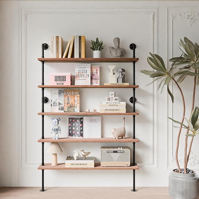 Industrial Ladder Shelves, Wall Mounted Rustic Bookshelf, Retro Wood Metal Pipe Industrial Shelves (Weathered Brown, 5 Tier - 10" D x 48" W x 70" H)