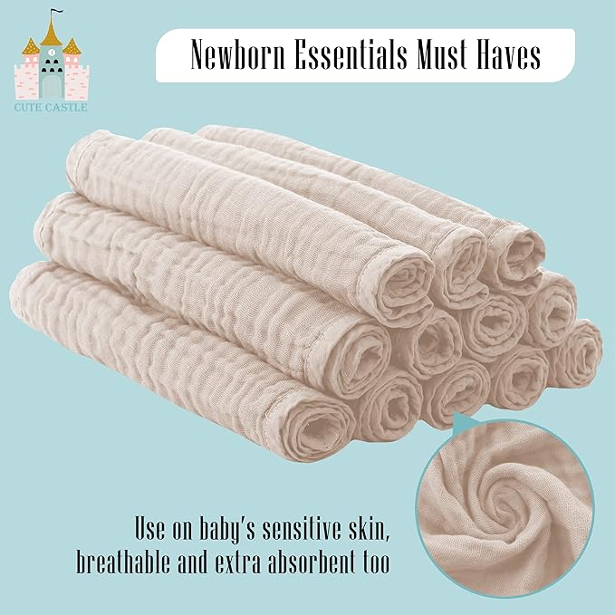Cute Castle 12 Pack Muslin Burp Cloths for Baby - Ultra-Soft 100% Cotton Baby Washcloths - Large 20'' by 10'' Super Absorbent Milk Spit Up Rags - Burpy Cloths for Unisex, Boy, Girl - Brown