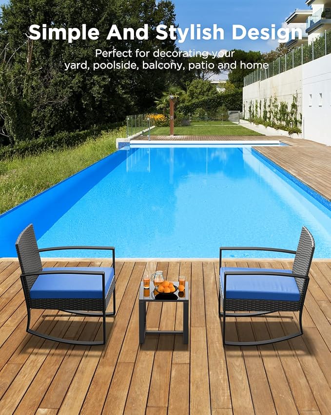 3 Piece Patio Bistro Set Patio Furniture Set Outdoor Wicker Rocking Furniture Conversation Set with Tempered Glass Coffee Table for for Front Porch Balcony and Deck (Blue Cushion)