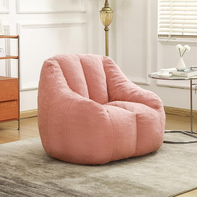 Furniliving Bean Bag Chair, Oversized Bean Bag Couch for Adults Lounge Chair for Bedroom Comfy Bean Bag Sofa with Back Support, Fluffy and Lazy Sofa for Living Room Bedroom Dorm, Pink, Teddy