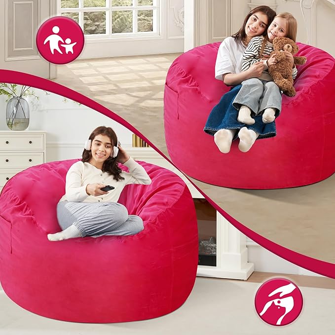 Homguava 4 FT Bean Bag Chair: 4' Bean Bags with Memory Foam Filled, Large Beanbag Chairs Soft Sofa with Dutch Velvet Cover-Pink