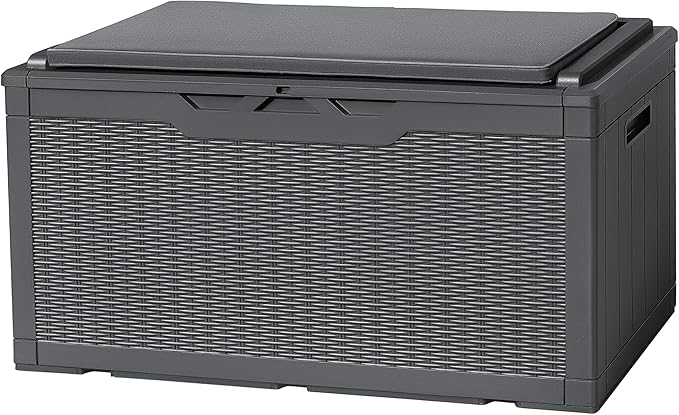 Flamaker Deck Box with Cushion 100 Gallon Waterproof Resin Storage Box with Air Rod Indoor Outdoor Lockable Storage Bench for Patio Furniture, Tools, Pool Accessories (Gray)