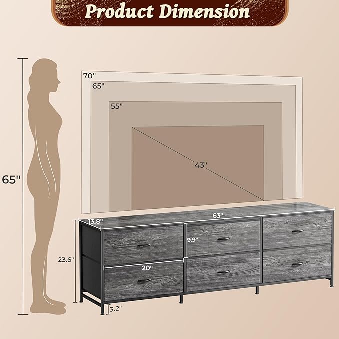 Huuger 63 Inch Long Dresser for Bedroom, Wide TV Stand for 55, 65, 70 Inch TV, 6 Drawer Dresser for Closet with Fabric Drawers, Storage Organizer for Bedroom, Entryway, Grey