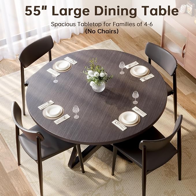 Concho 55" Round Kitchen Dining Room Table for 6-8,Circle Dining Dinner Table with Pedestal Metal Frame,Space Saving Wood Kitchen & Dining Room Furniture, Deep Grey