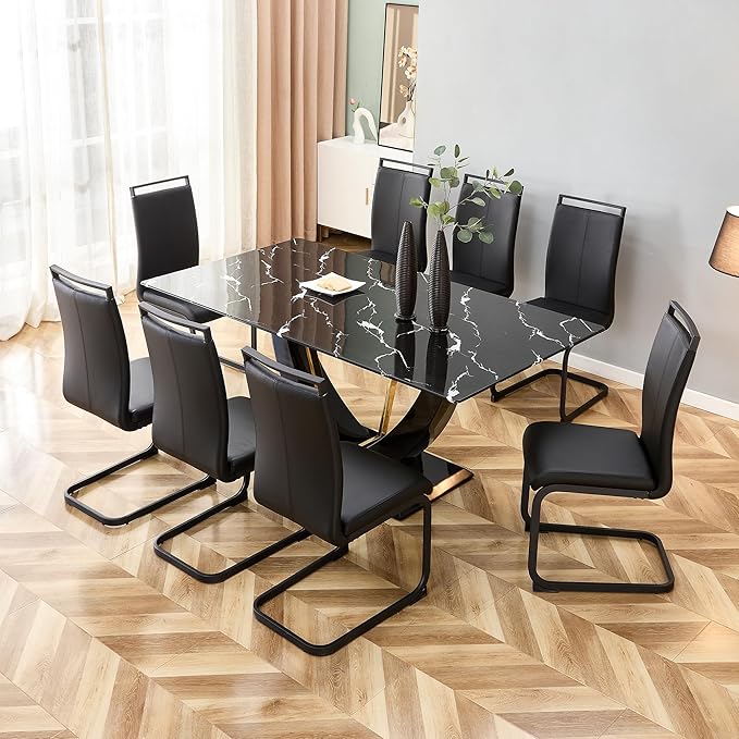 71" Dining Table Set for 8, Black Faux Marble Dining Room Table Set for 8, Large Rectangular Kitchen Table Set and PU Leather Chairs,Glossy Tempered Glass Table with Black Leg