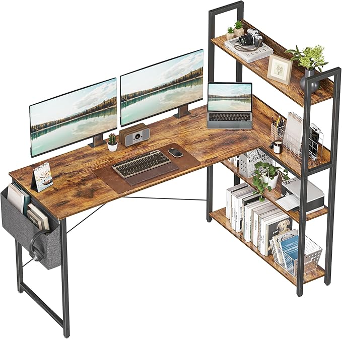Treesland 55 Inch Computer Desk with Storage Shelves, L Shaped Desk with Storage, Corner Desk with Shelves, Home Office Desks, Bookshelf Desk, Writing Study Desk for Bedroom, Brown