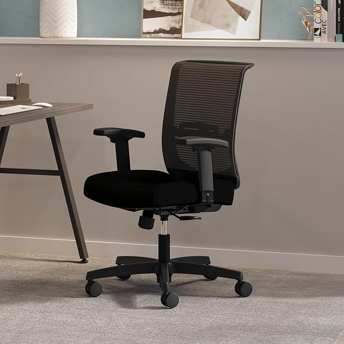 HON Convergence Ergonomic Office Chair, Breathable Back Support Mesh, Adjustable Arms, Computer Chair with Lumbar Support, Rolling Swivel Wheels, Comfortable Synchro-Tilt Recline, Fabric, Black
