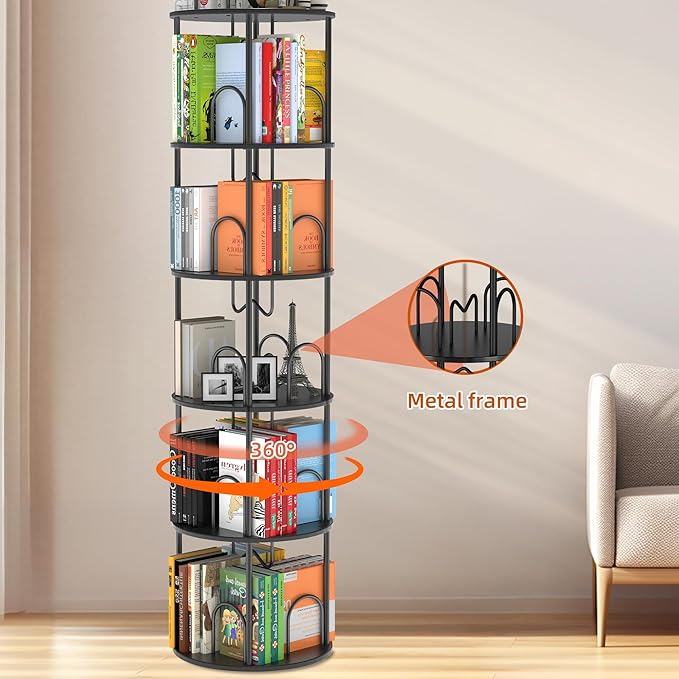 5 Tier Rotating Bookshelf, 360° Spinning Bookshelf Tower, Round Narrow Space Saving for Books and Display, Revolving Bookcase Corner Tall Book Shelf for Small Spaces, Bedroom, Living Room, Black