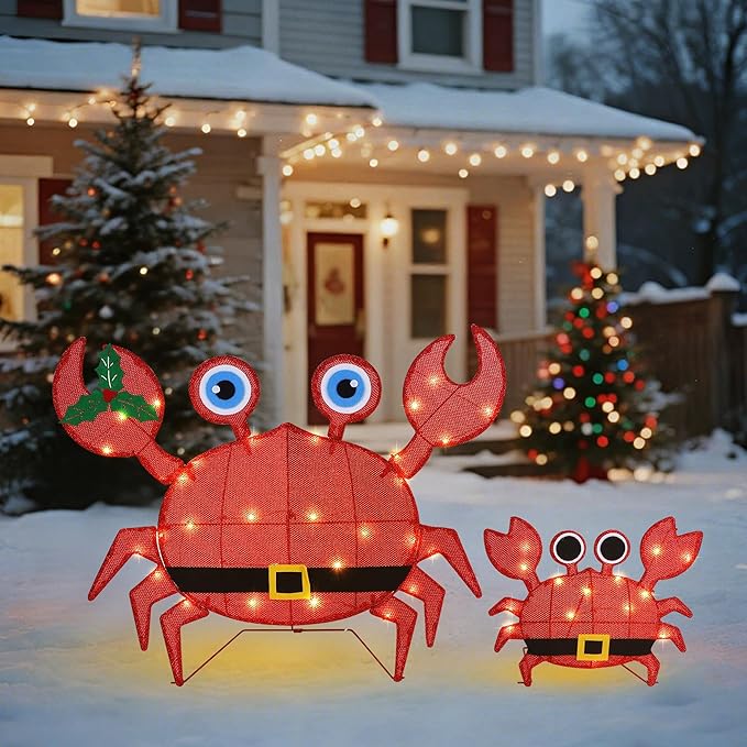 Prsildan Outdoor Christmas Decorations - Set of 2 LED Lighted Crab Yard Decor, 2D Battery Operated Holiday Lawn Figures for Porch, Garden, Home, Xmas Party Decor (Red)