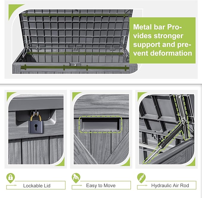 Greesum 120 Gallon Deck Box, Resin Outdoor Storage Container for Patio Furniture, Garden Tools, Pool Accessories, Weatherproof, Lockable, Gray