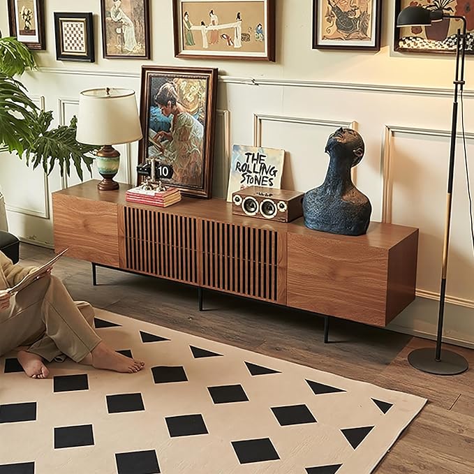 94.48" Mid Century Modern TV Stand for TVs up to 70"-90",Tv Console with 4 Storage Cabinets, Media Furniture for Living Room or Bedroom,Walnut