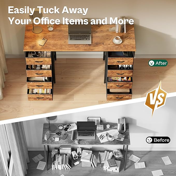 Huuger 47 Inch Computer Desk with 8 Fabric Drawers, Office Desk Work Desk for Home Office, Study, Gaming Desk with Drawers, Large Storage, Rustic Brown