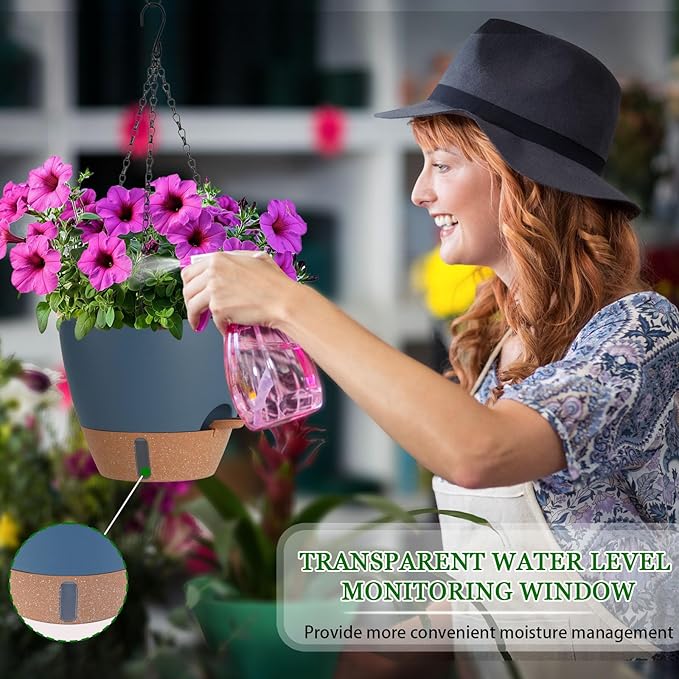 Hanging Planter Self Watering 10 Inch, 2 Pack Hanging Baskets for Plants, Hanging Flower Pots with Drainage Hole & 2 Kinds of Plant Hangers for Garden Home Decor (Navy Blue, 10 Inch)