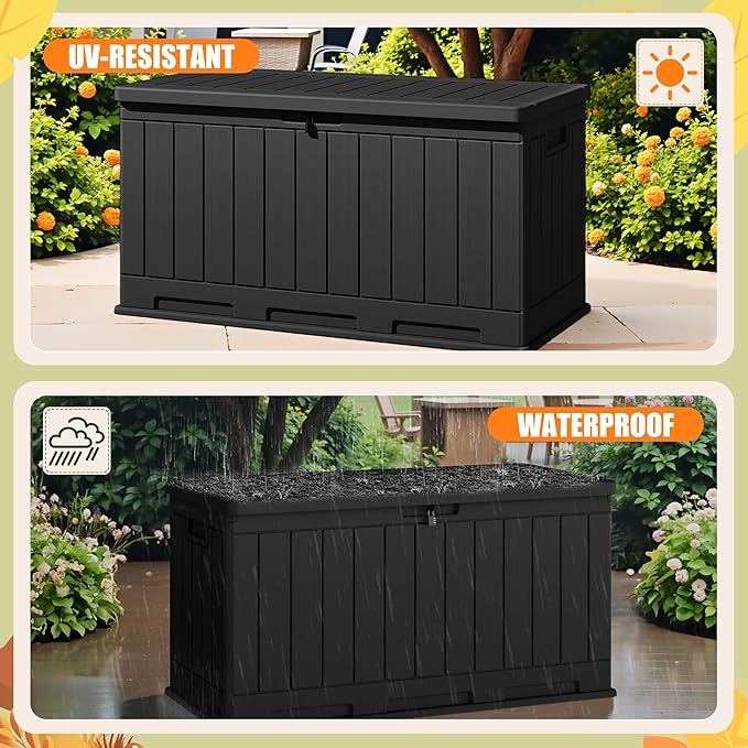 Devoko 90 Gallon Double-Wall Deck Box, Side Handles, HDPE Outdoor Large Storage Box Waterproof and Lockable for Patio Furniture, Garden, Pool (Black, 90 Gallon)