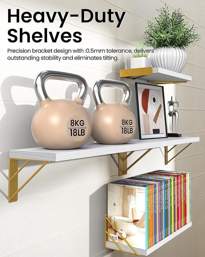 BAYKA Wall Shelves for Bedroom Decor, Floating Wall Shelves for Living Room Kitchen Storage, Wall Mounted Rustic Wood Shelves for Kids Books, Corner Shelf for Bathroom(White and Gold，Set of 4)