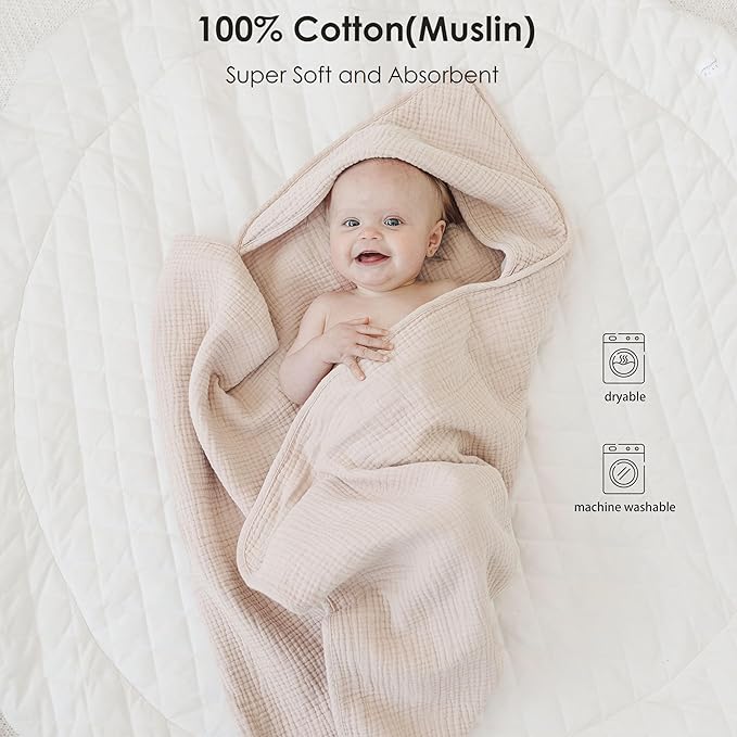 MairMore Hooded Baby Bath Towels, 100% Muslin Cotton Baby Girl Towels with Hood for Neutral Newborn Infants, Soft & Absorbent, Large Size - 32 * 32 Inches (Ivory & Pink)