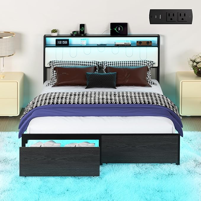 Queen Bed Frame with Storage Headboard, Metal Platform Bed Frame with LED Lights & Charging Station, Storage Drawers, Heavy Duty Metal Slats, No Box Spring Needed, Noise Free, Easy Assembly