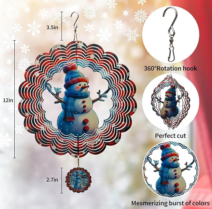 3D Snowman Wind Spinners for Yard and Garden Christmas Decor 12 Inch Outdoor Metal Stainless Steel Wind Spinner Unique Gift Xmas Wind Sculptures