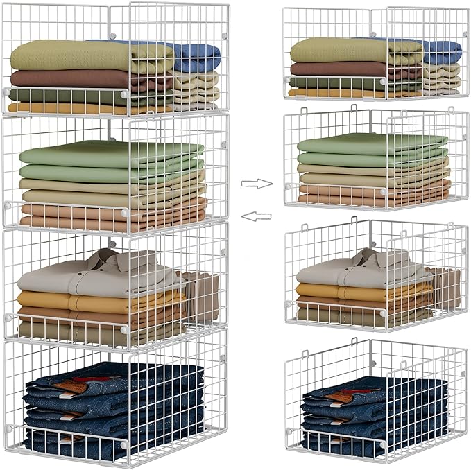 Yociyoga Stackable Closet Organizers and Storage - 4-Tier Stackable Storage Bins, Foldable Closet Shelf Organizer Basket, Clothes Organizers Shelves for Organizer System(15.7"x11.8"x34.64")