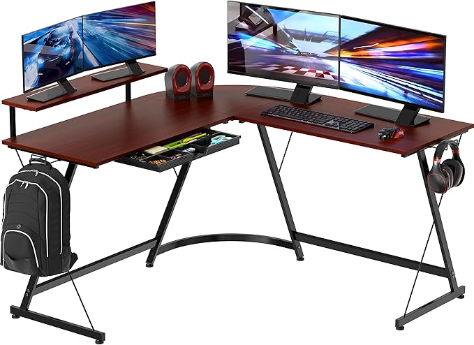 SHW 51 x 51 Inches Vista L-Shaped Desk with Monitor Stand and Drawer, Cherry