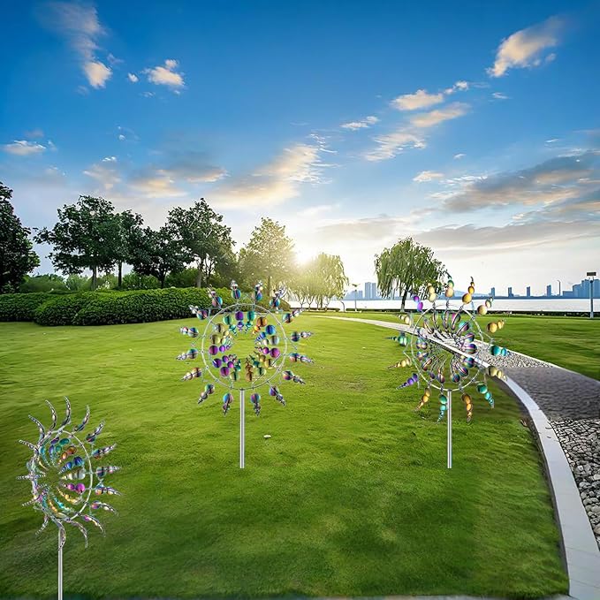 Unique and Magical Metal Windmill, 2Pcs Wind Spinners, 3D Wind Powered Kinetic Sculpture, Stainless Steel Wind Spinners, Wind Mill for Yard and Garden (2PCS-Colorful)
