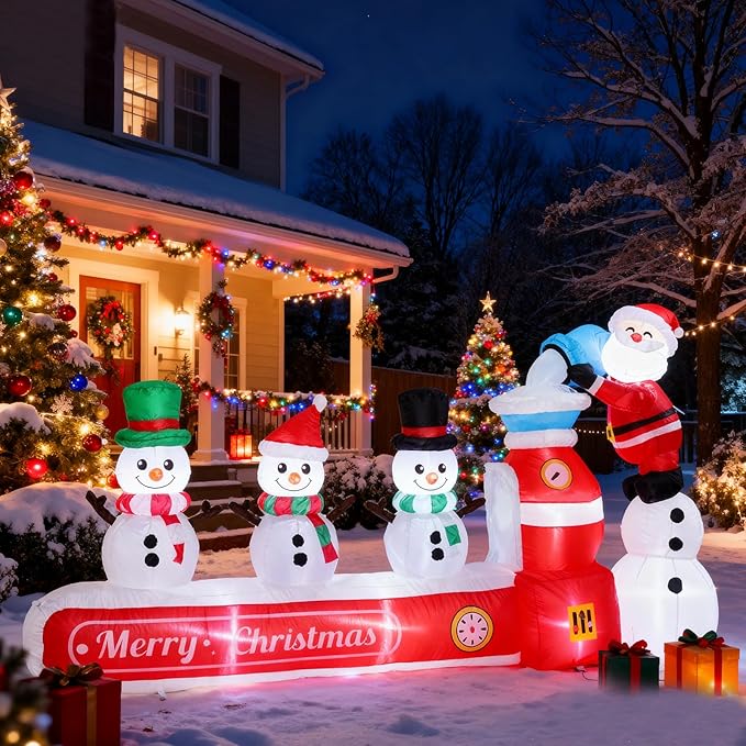 VCUTEKA Christmas Inflatables Outdoor Decorations, 8FT Blow Up Santa Claus with Three Snowmen, Animated Christmas Inflatable Yard Decoration with LED Lights for Holiday Lawn Garden Xmas Décor