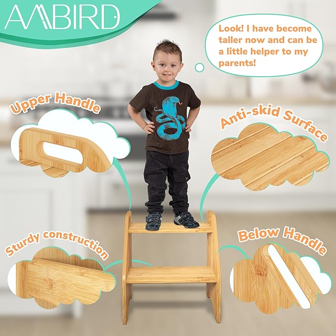 AMBIRD Wooden Step Stool, 15.75'' H Potty Training Toddler 300 lbs Capacity with Safety Non-Slip Pads and Handles, Kitchen Step Stools for Kids, Bamboo Step Stool for Bathroom, High Beds (Natural)
