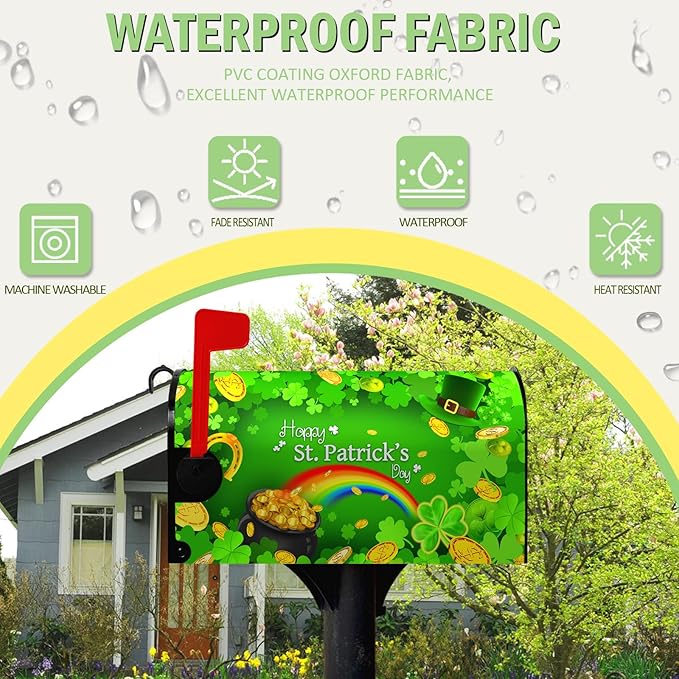 St Patrick Mailbox Covers Green Shamrocks Rainbow Gold Coin Magnetic Mailbox Post Cover Four Leaf Clover Hat Mailbox Wraps Decor Happy St.Patrick's Day Waterproof Standard Size 21X18 inch