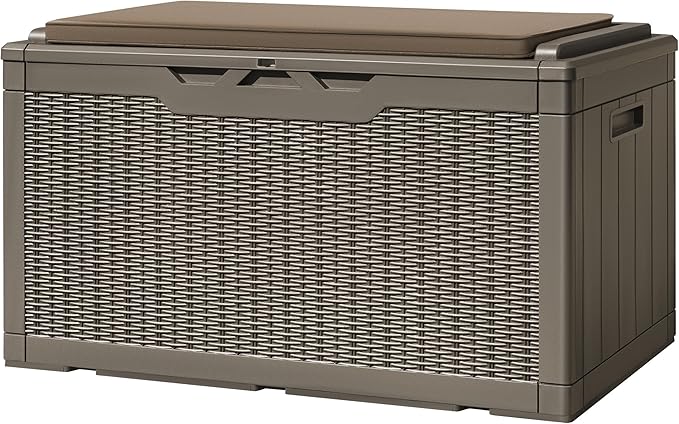 Greesum 100 Gallon Resin Deck Box Large Outdoor Storage with Cushions for Patio Furniture, Garden Tools, Pool Supplies, Weatherproof and UV Resistant, Lockable, Light Coffee