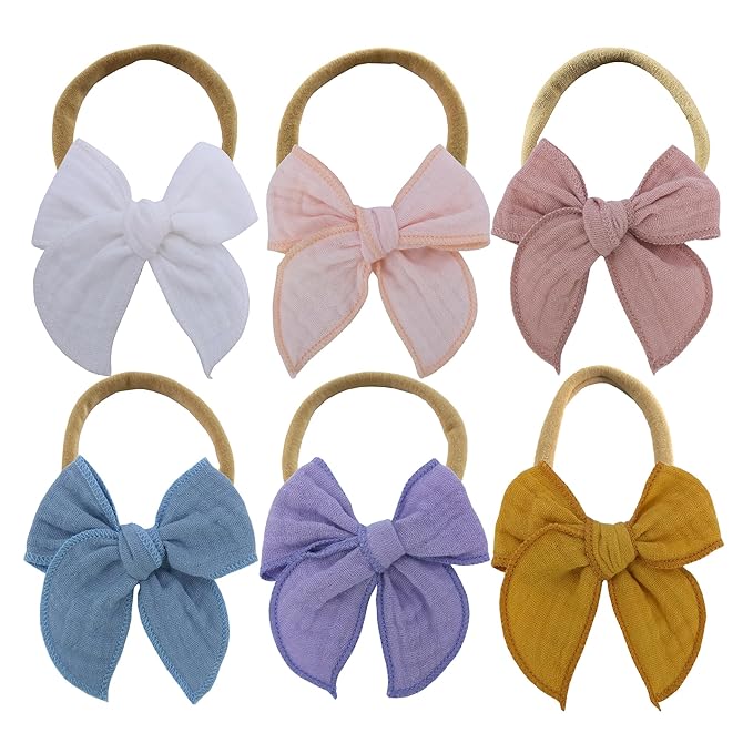 Sugarmelon Original Cotton Gauze Headband for Newborn Toddler Infant Baby Girl Kids Muslin Cotton Hair Bow Headbands Turban Elastic Hair Bands (6 pcs Bow Nylon Headband)