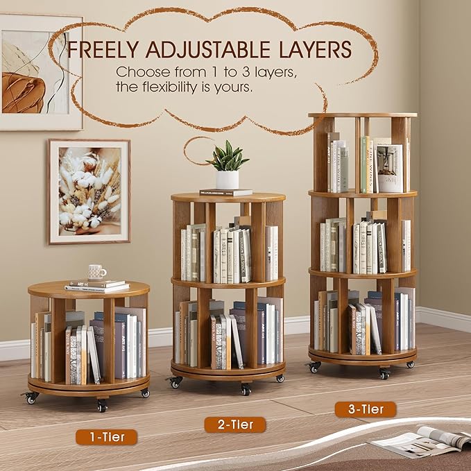 3 Tier Rotating Bookshelf Tower Spinning Bookshelf with Swivel Wheels Book Shelf Rotating Storage Tower for Kids Adult Narrow Walnut Solid Wood Revolving Bookcase Organizer for Bedroom Living Room