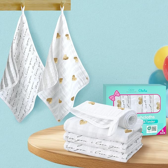 VOOVA & MOVAS 6 Pack 100% Muslin Cotton Baby Washcloths with Handing Loop | 13x13 Inches | Highly Absorbent | Ultra-Soft Newborn Burp Cloths | Perfect Set |Golden Love & Grapheme Love Patten