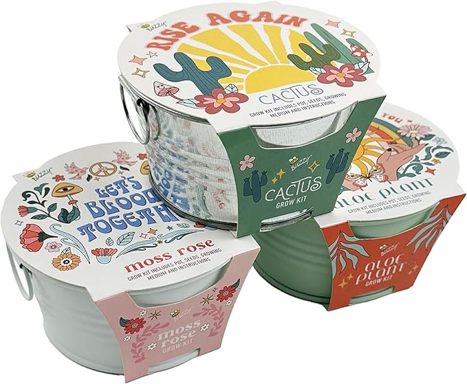 Buzzy Seeds Cactus, Moss Rose, Aloe Mini Basin Grow Kit Trio | 3-Pack | Guaranteed to Grow | Best Indoor-Outdoor Gardening Gift
