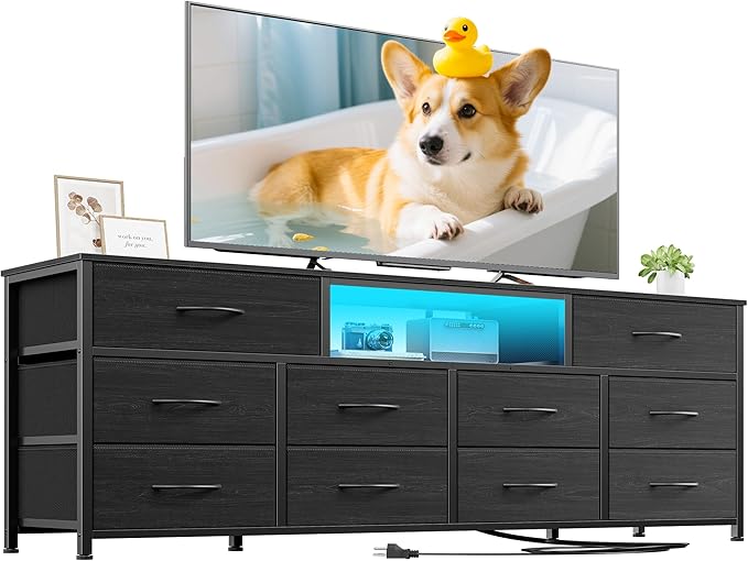 Furnulem 63” Long Dresser for Bedroom, TV Stand for 65 to 75 inch TV, Black Dresser with 10 Fabric Drawers, Chest of Drawer for Closet, Entertainment Center with Power Outlet & LED Light