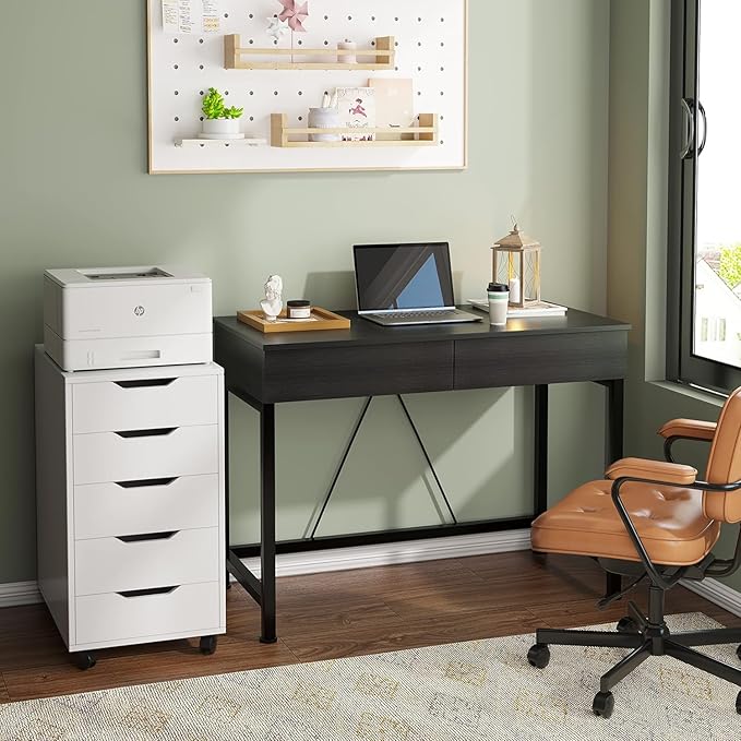 CAIYUN Small Computer Desk with Drawers, 39.4 Inch Home Office Desks with Storage, Simple Modern Kids Desk, Vanity Desk for Bedroom, Work Study Writing Desk Table for Small Spaces (Black, Wooden)