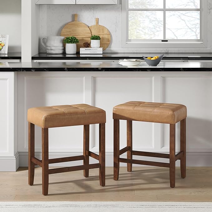 Alaterre Furniture Madison 25-Inch Bar Stool with Faux Leather Seat - Counter Height Stool for Kitchen Island or Bar - Backless Barstools (Cognac/Walnut)