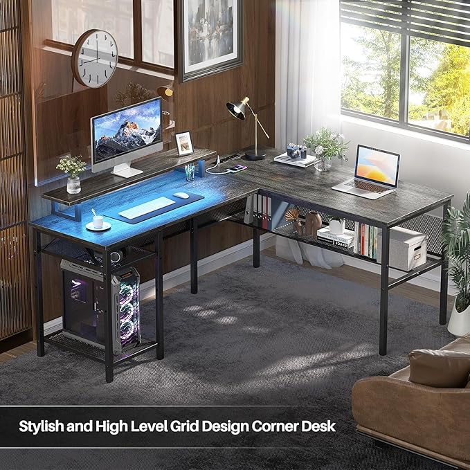 L Shaped Computer Desk with Magic Power Outlets and Smart LED Light, Reversible Office Corner Desk with Ergonomic Monitor Stand, Large Gaming Table with Storage, Sleek Grid Design, Black Oak